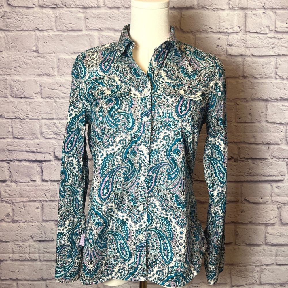 Talbots Petites Women's P Teal Paisley Button Down Shirt Classic Preppy